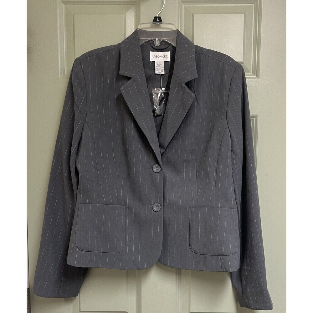 CHADWICKS Blazer Women 14 Gray White Stripe 2 Button Pockets Lined Career NWOT